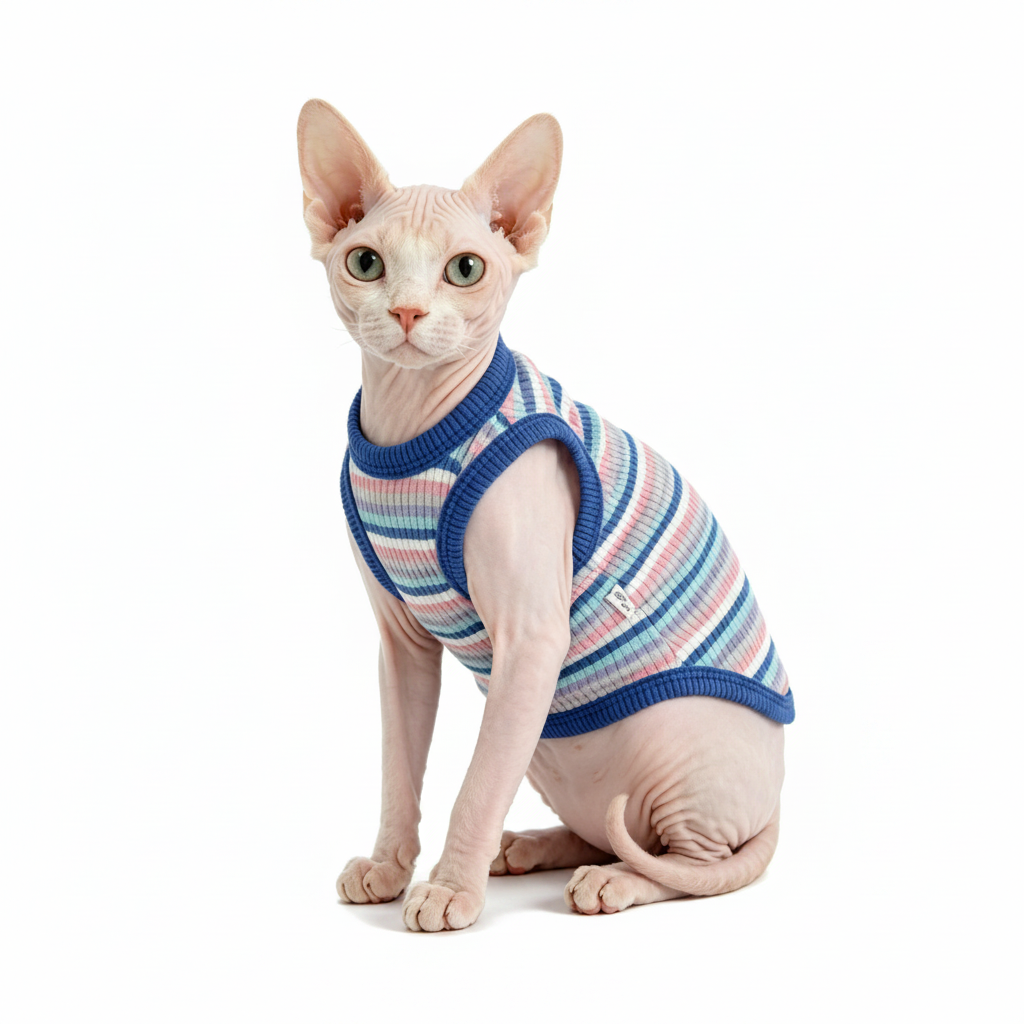 Sphynx Katze Kleidung – Gestreiftes Shirt für Nacktkatzen.