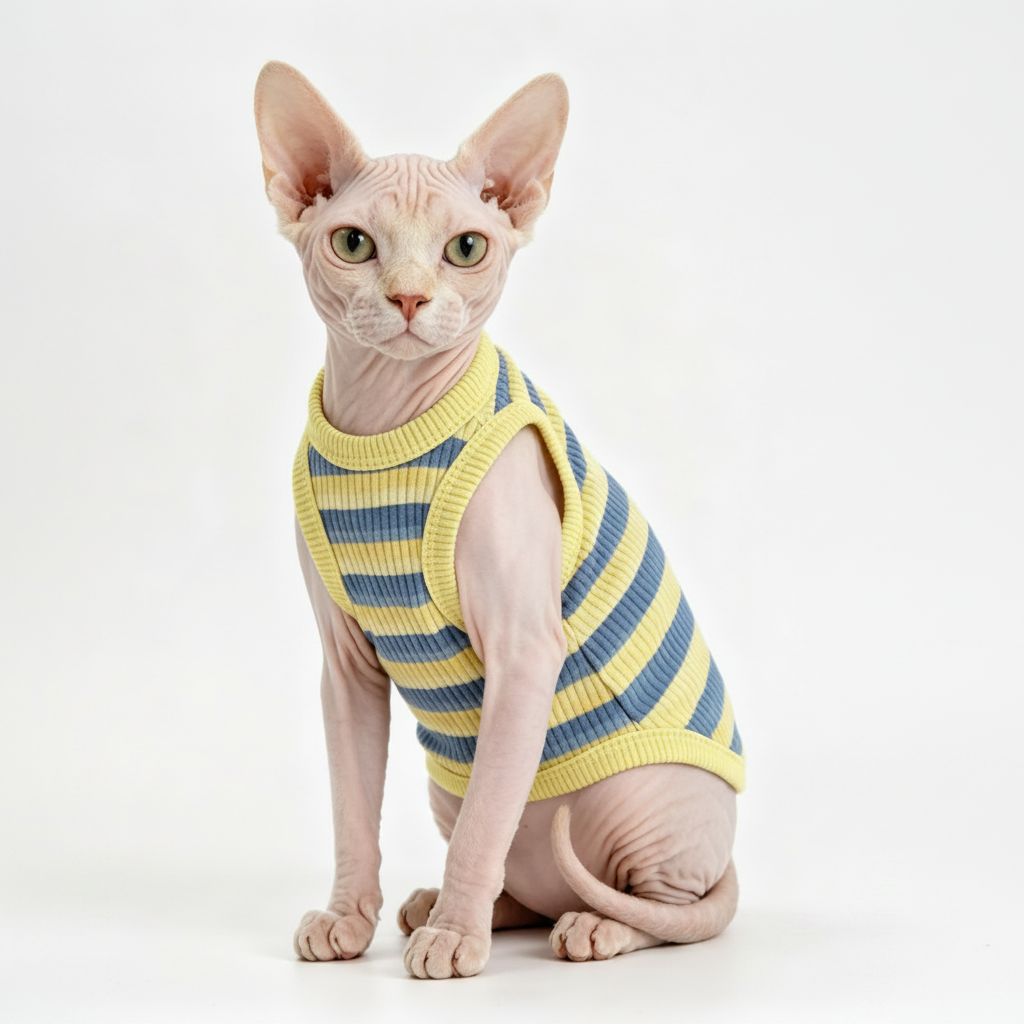 Sphynx Katze Kleidung – Gestreiftes Shirt für Nacktkatzen.
