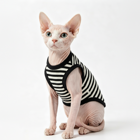 Sphynx Katze Kleidung – Gestreiftes Shirt für Nacktkatzen.
