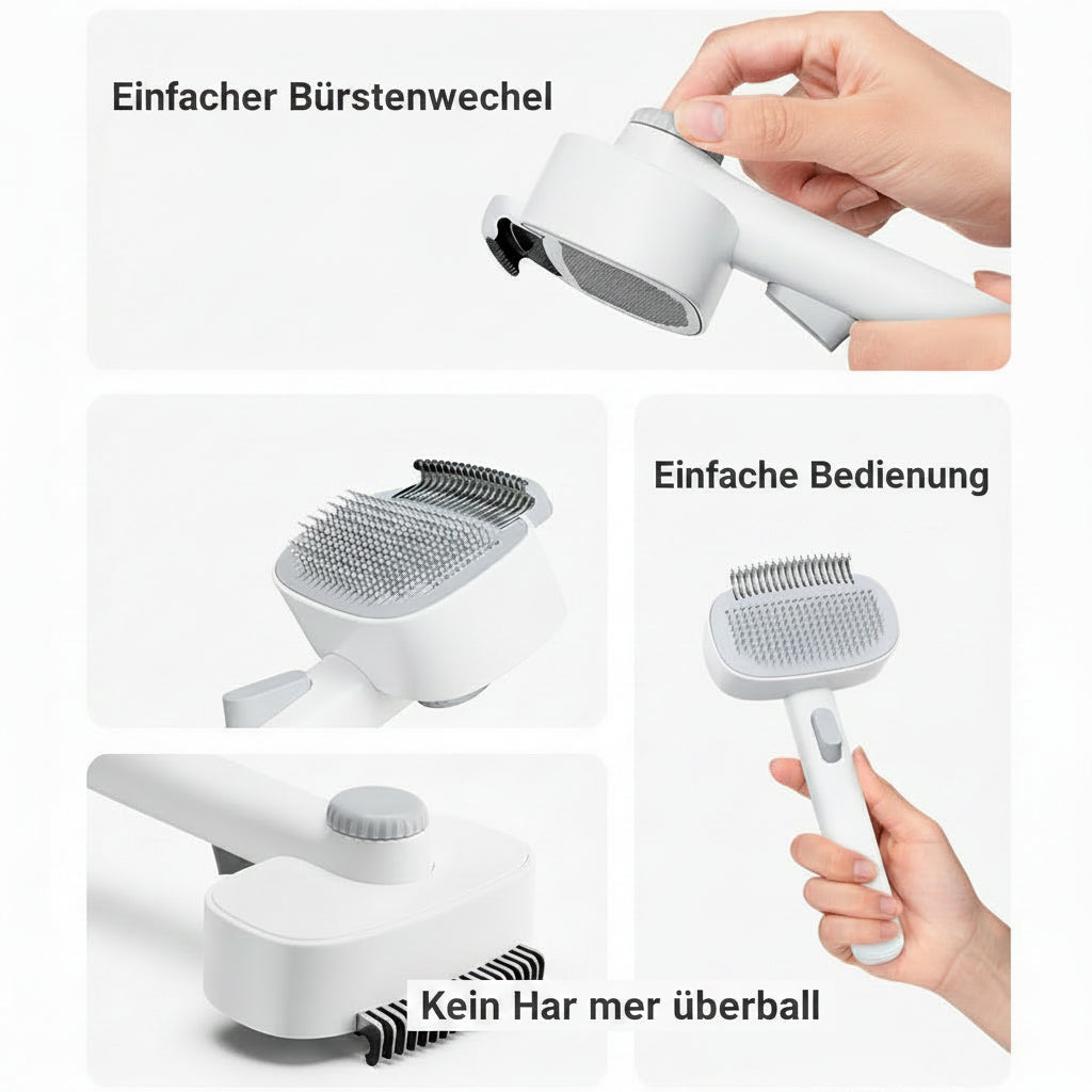 Katzenbürste 2-in-1 – Anti-Flughaare Wechselkopf Nadel- & Entwirrkamm  Drehregulierbar.