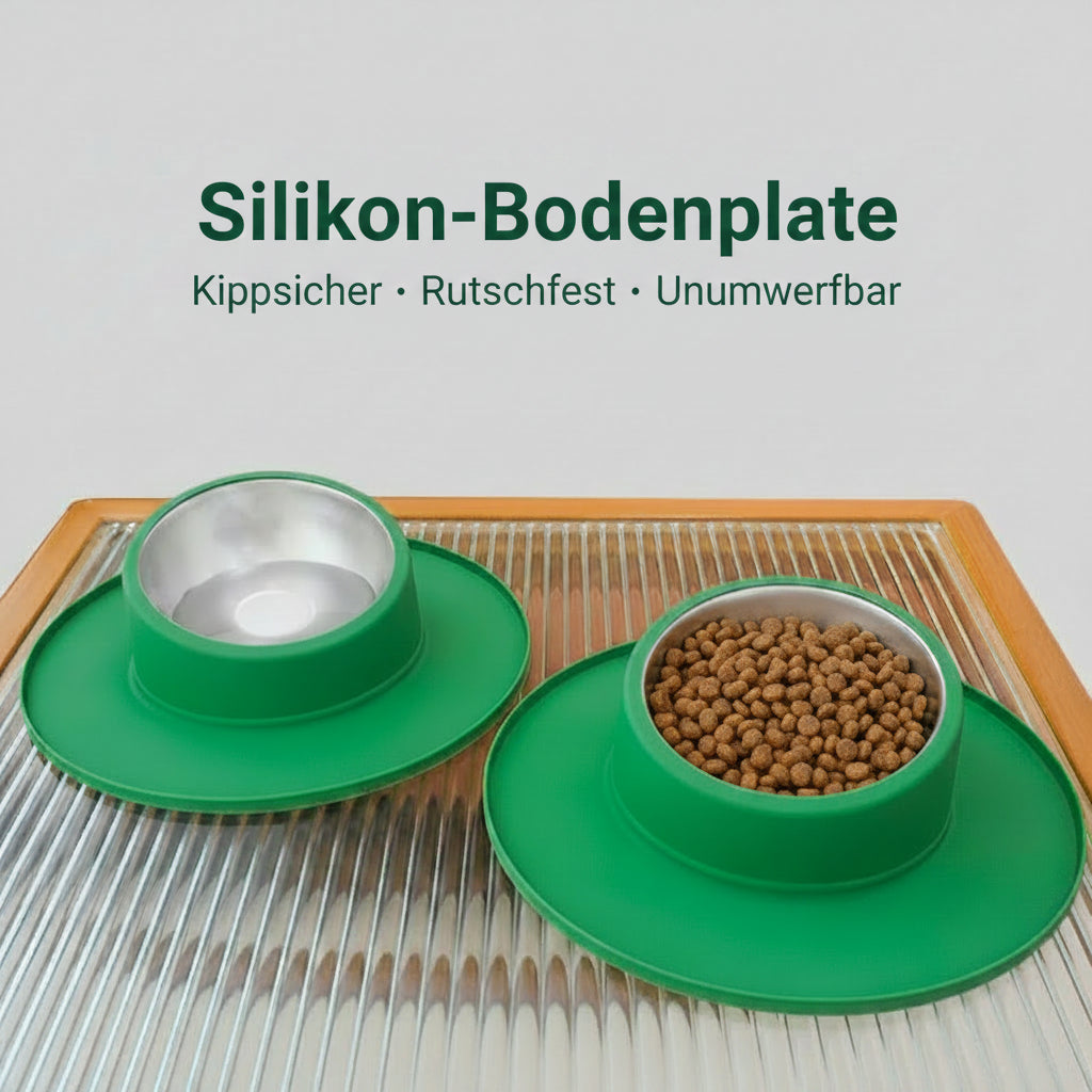 Katzennapf mit Silikon-Bodenplatte – 15° Neigung, Edelstahl, Rutschfest.