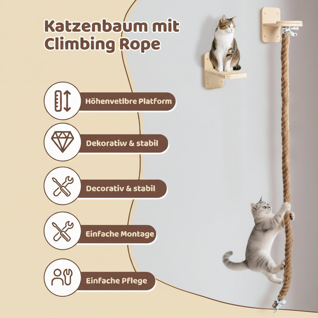 Katzentreppe Kletterseil für die Wand – 150 cm Hanfseil 18 mm.