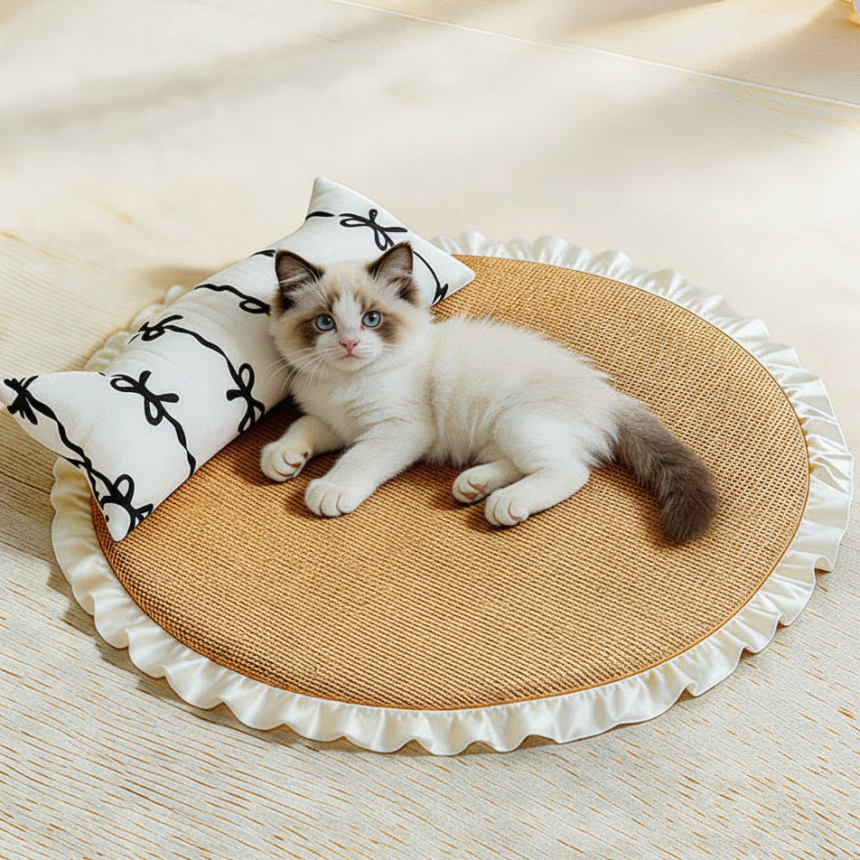 Katzenkissen Sommer – Rundes Kühlkissen aus Rattan mit Kissen & Rüschenrand.