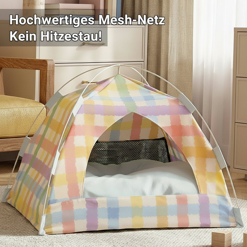 Katzenzelt für drinnen – Faltbares Katzenhaus mit Mesh-Netz & Kissen.