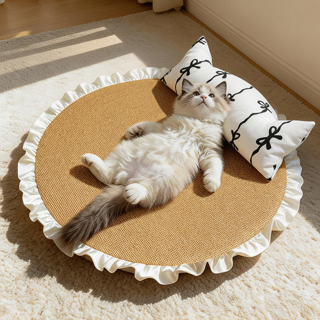 Katzenkissen Sommer – Rundes Kühlkissen aus Rattan mit Kissen & Rüschenrand.