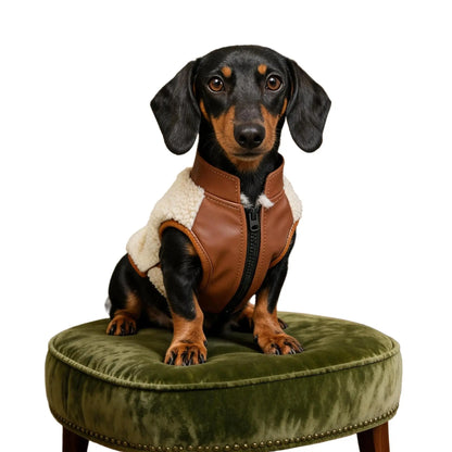 Dackel Lederjacke mit Lammfell | Warm und Stylisch fuer kleine Hunde