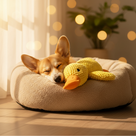 Hund schläft mit Entenspielzeug