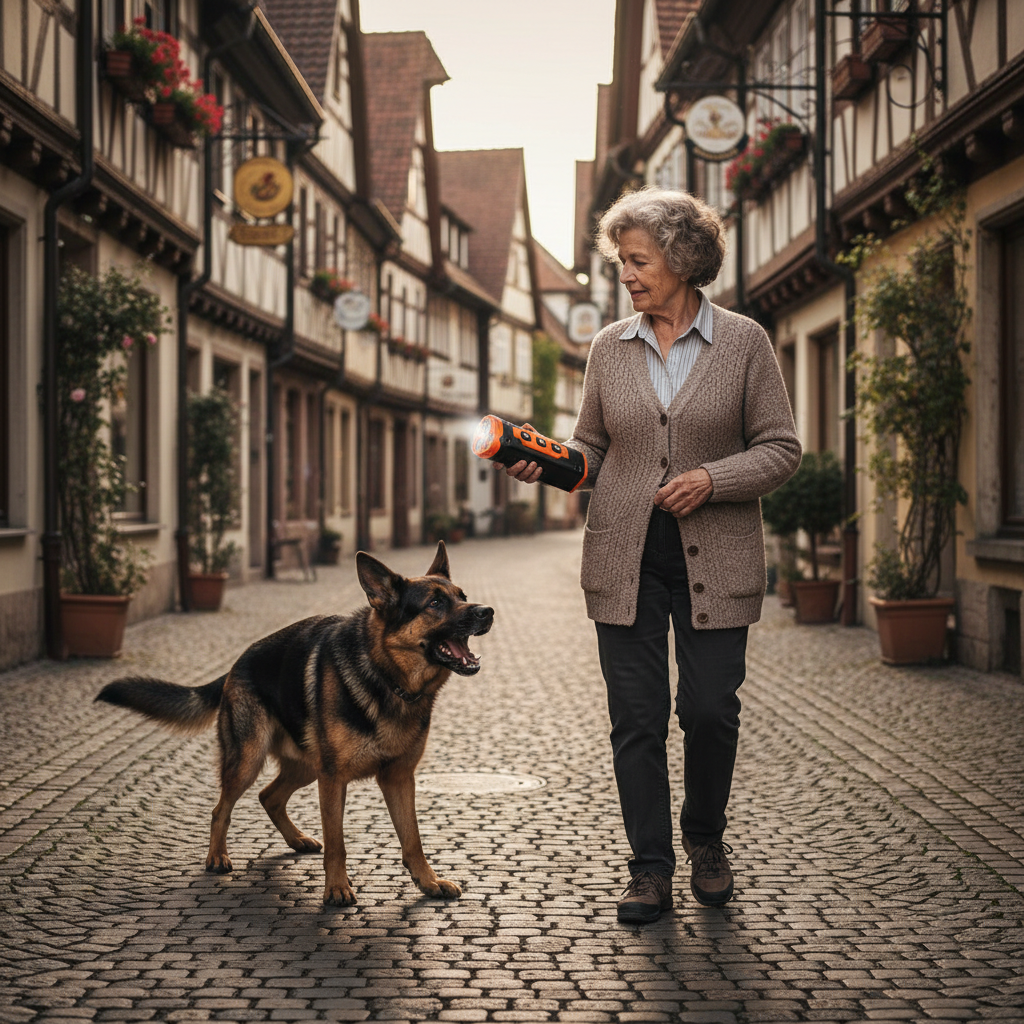 Seniorin schützt sich vor Hund mit Ultraschall-Gerät