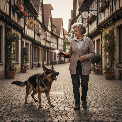 Seniorin schützt sich vor Hund mit Ultraschall-Gerät