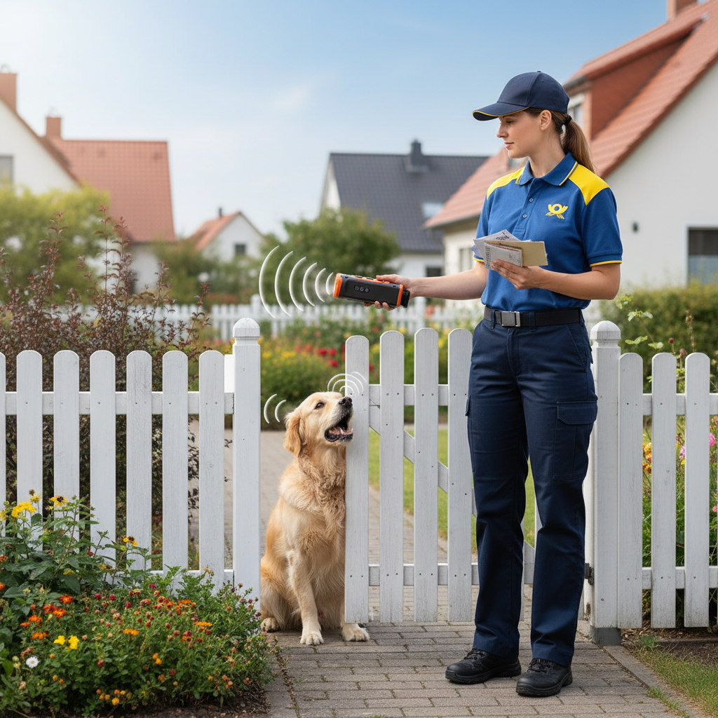 Briefträger schützt sich vor Hund beim Zustellen