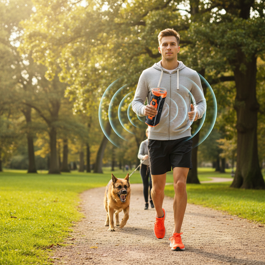 Jogger im Park schützt sich vor Hund