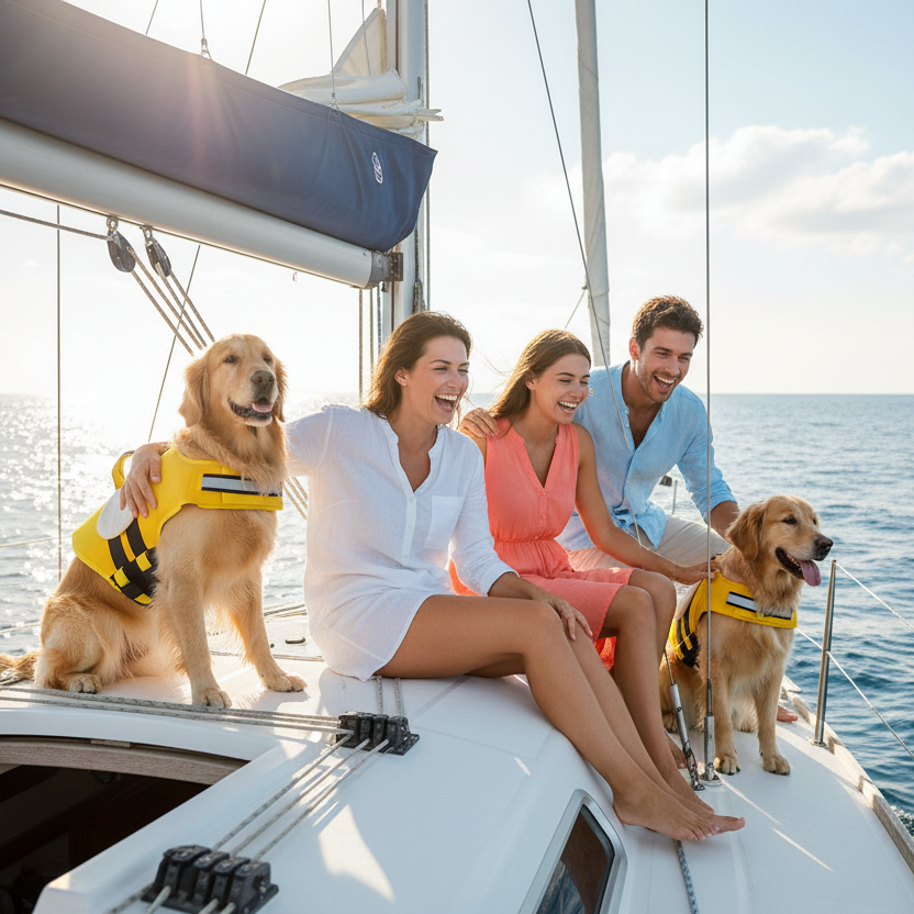 Familie mit Hunden auf Segelboot im Sommer