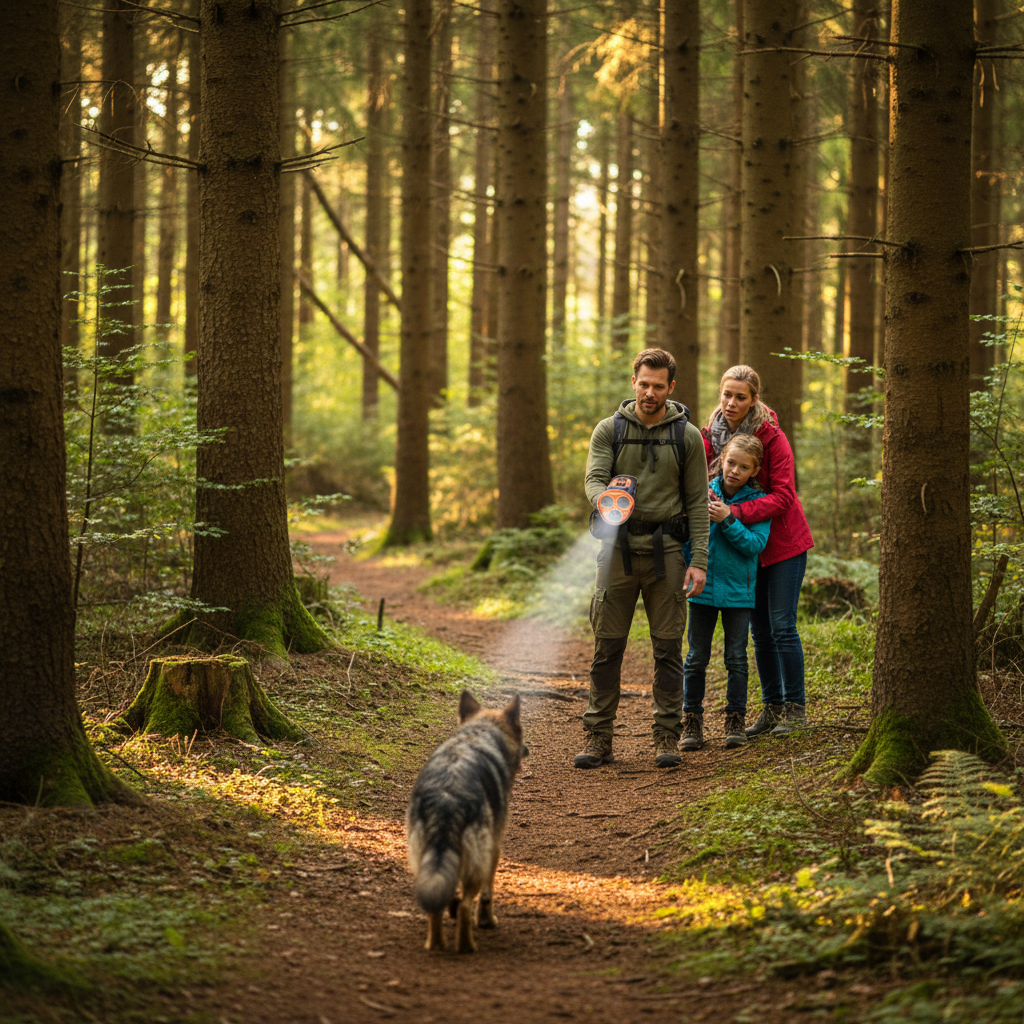 Familie beim Wandern schützt sich vor Hund
