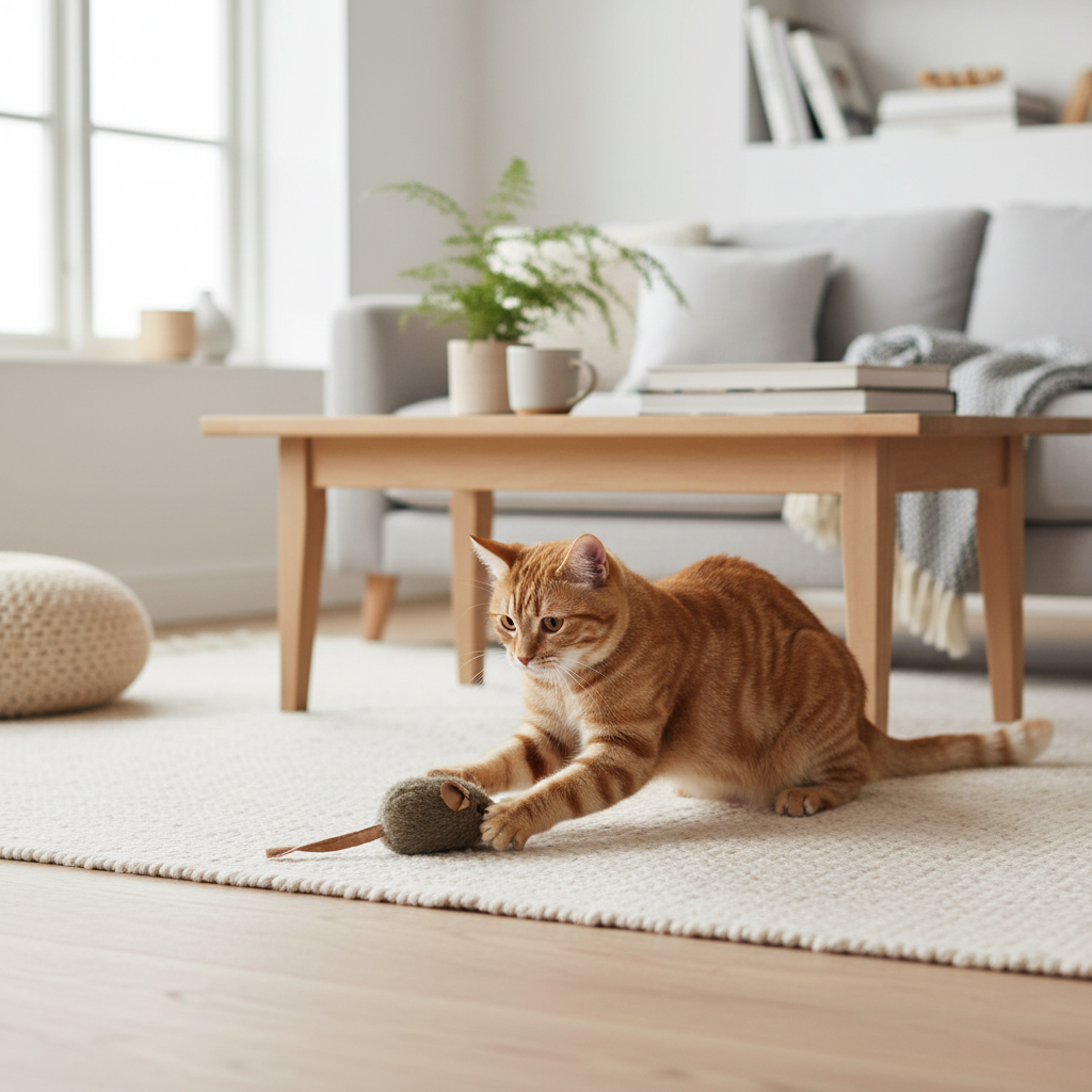 Katze spielt mit Plüschmaus im Wohnzimmer