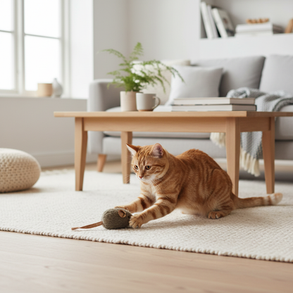 Katze spielt mit Plüschmaus im Wohnzimmer