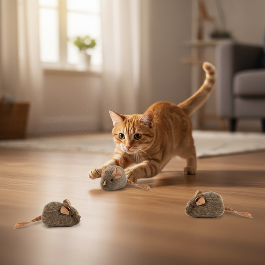 Katze springt auf Plüschmaus