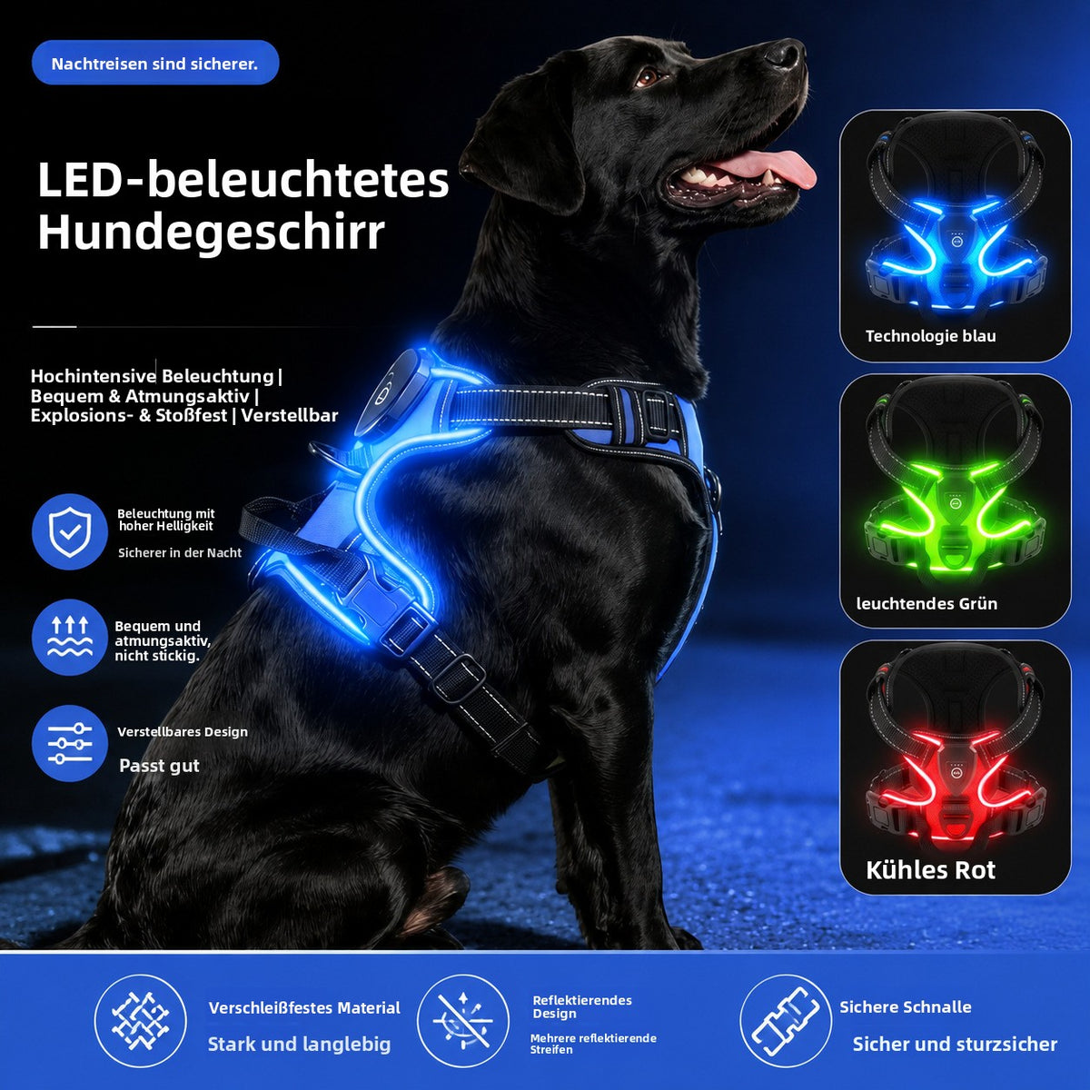 LED-Hundegeschirr mit wiederaufladbarer Beleuchtung – Sicher sichtbar bei Nacht